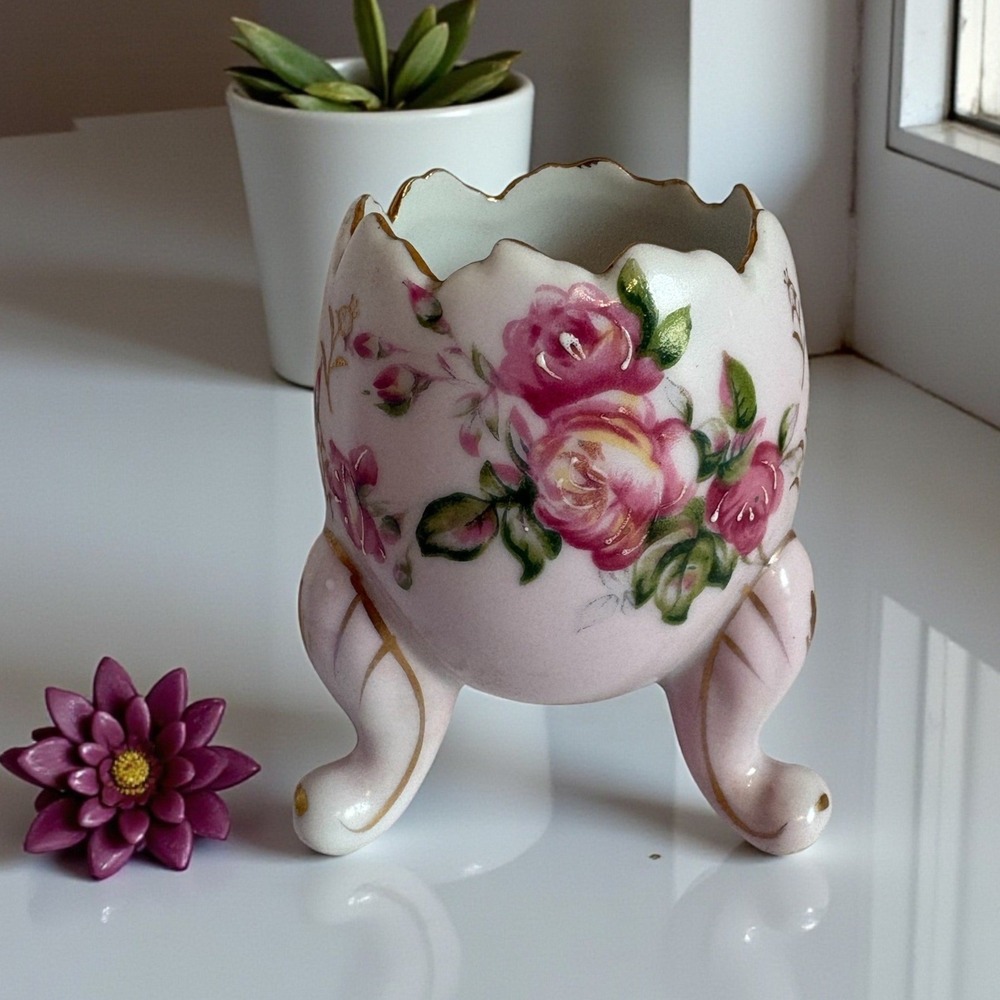 Vintage Fine Quality Japan Porcelain Floral Egg Vase Pink Rose Gold Gilt Tripod